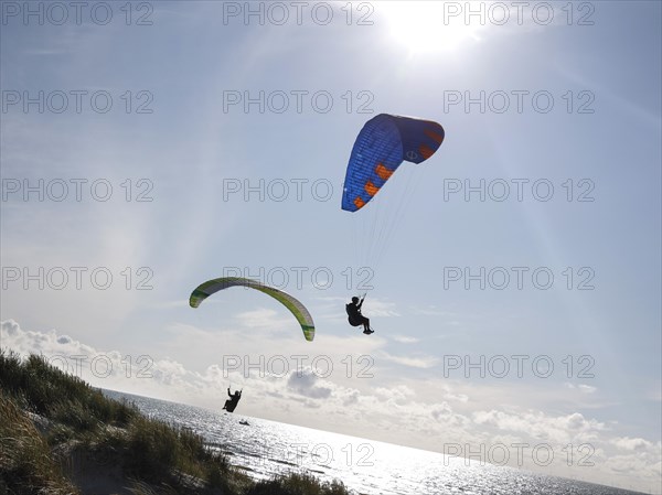 Paragliders flying over a beach at the North Sea