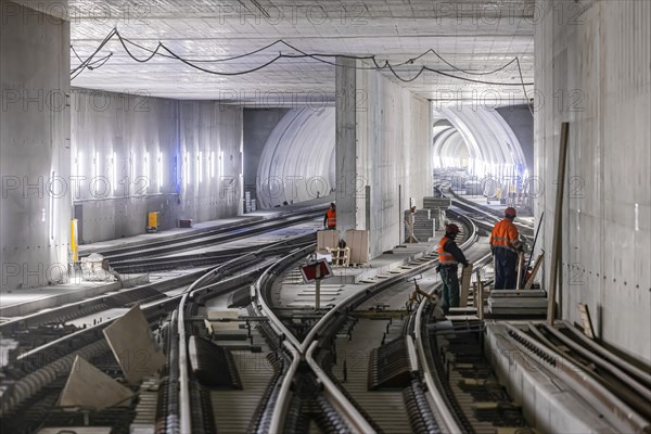 Construction site in the tunnel at the new through station in Stuttgart. A total of 56 kilometres of tunnels have been dug for Deutsche Bahn AG's Stuttgart 21 project and tunnelling has been completed. The tunnels will go online when the new main railway station opens in 2025