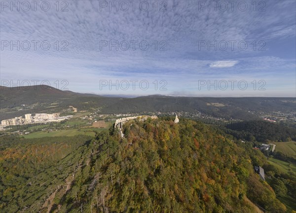 Aerial view of the Starhemberg ruins and the Wopfing cement works in the background