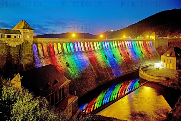 The Edersee dam wall illuminated by LED spotlights holds the German record as the longest permanently illuminated object