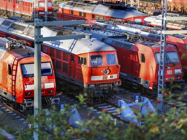 DB Cargo class 185 and class 232 locomotives standing in the DB Cargo marshalling yard in Halle