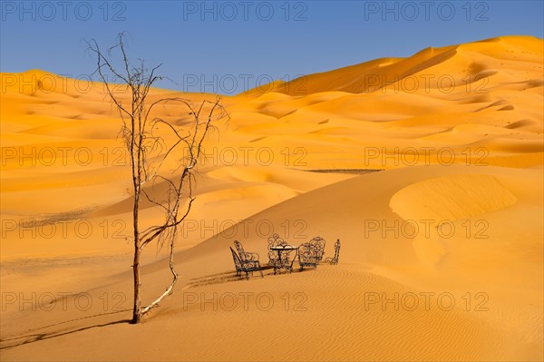 Dead tree and cast iron garden table and lawn chairs in sand dunes of Erg Chebbi