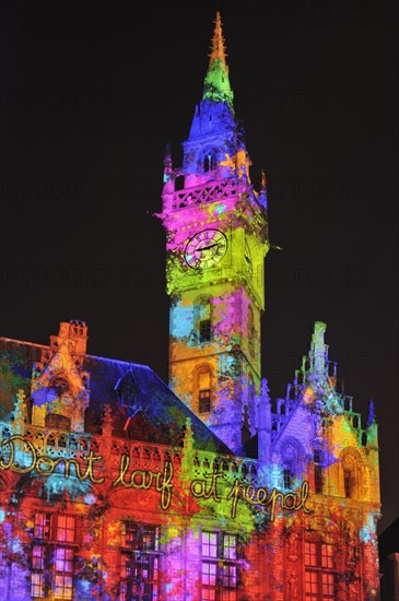 Monumental light projections on facade of Post Plaza by the French artist group Spectaculaires during the 2011 light festival of Ghent