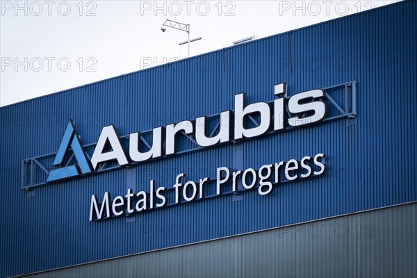 Logo and lettering Aurubis Metal for Progress on a factory building at the Aurubis AG plant