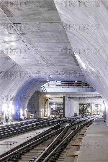 Construction site in the tunnel at the new through station in Stuttgart. A total of 56 kilometres of tunnels have been dug for Deutsche Bahn AG's Stuttgart 21 project and tunnelling has been completed. The tunnels will go online when the new main railway station opens in 2025