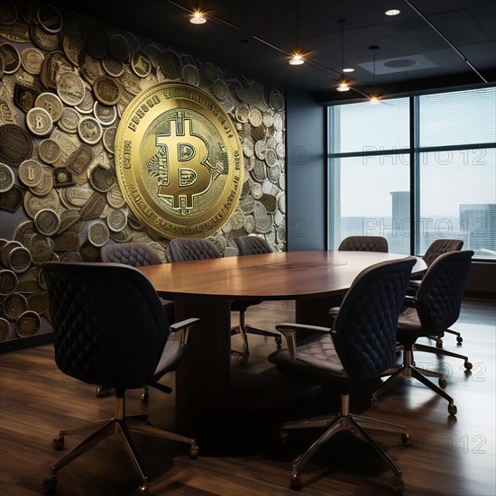 AI Generated image of a Modern conference room with a large Bitcoin emblem on the wall