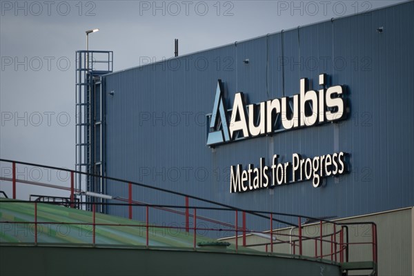 Logo and lettering Aurubis Metal for Progress on a factory building at the Aurubis AG plant