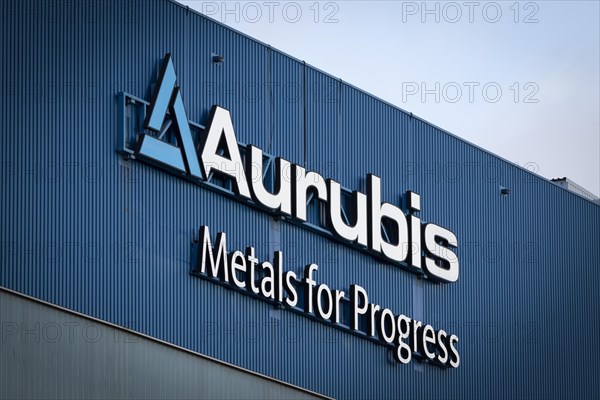 Logo and lettering Aurubis Metal for Progress on a factory building at the Aurubis AG plant