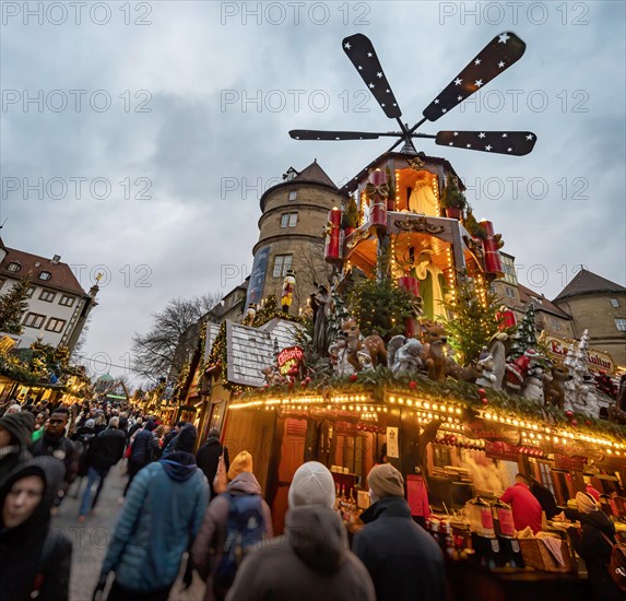 Christmas market with Christmas pyramid and Christmas lights