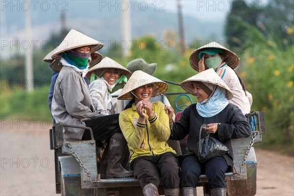 Laughing Vietnamese woman with rice hat on tractor