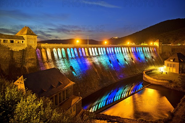 The Edersee dam wall illuminated by LED spotlights holds the German record as the longest permanently illuminated object