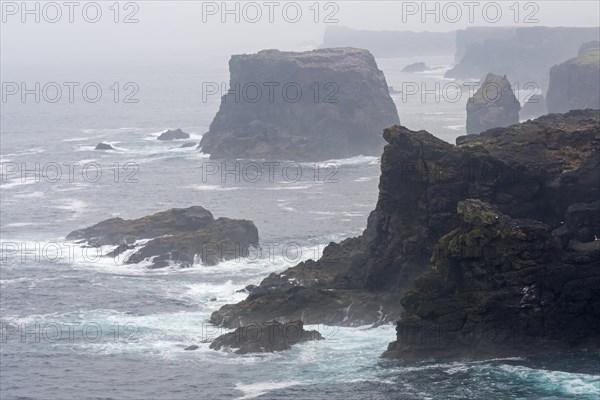 Sea stacks and cliffs in the mist at Eshaness