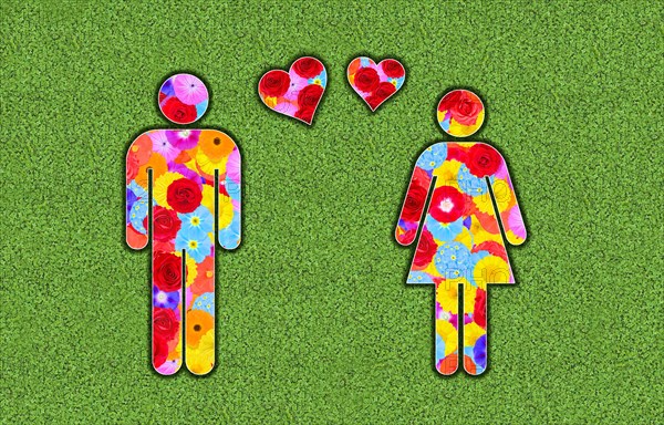 Pictogram of man and woman and hearts