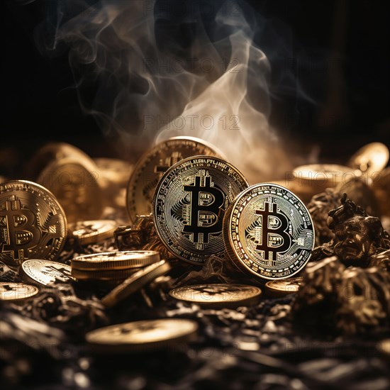 AI Generated image of a Dramatic scene of Bitcoin among other coins with wafts of smoke