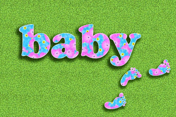 The word baby written with flowers in baby colours pink and light blue on a green background
