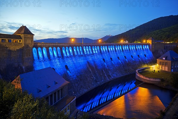 The Edersee dam wall illuminated by LED spotlights holds the German record as the longest permanently illuminated object