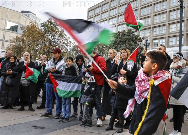 A young boy waves a Palestinian flag during the demonstration Freedom for the people of Gaza