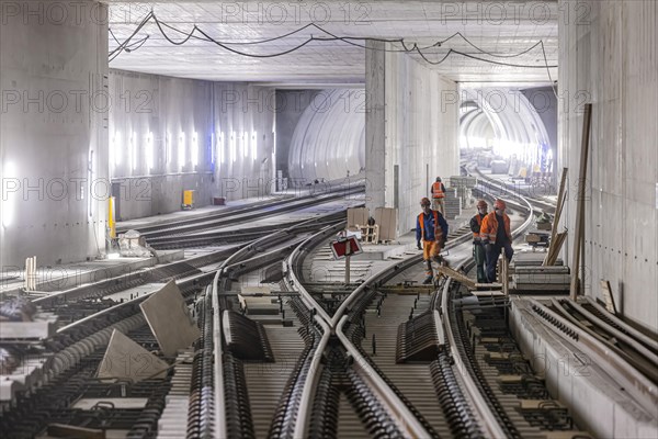 Construction site in the tunnel at the new through station in Stuttgart. A total of 56 kilometres of tunnels have been dug for Deutsche Bahn AG's Stuttgart 21 project and tunnelling has been completed. The tunnels will go online when the new main railway station opens in 2025