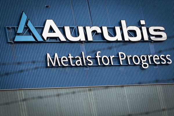 Logo and lettering Aurubis Metal for Progress on a factory building at the Aurubis AG plant