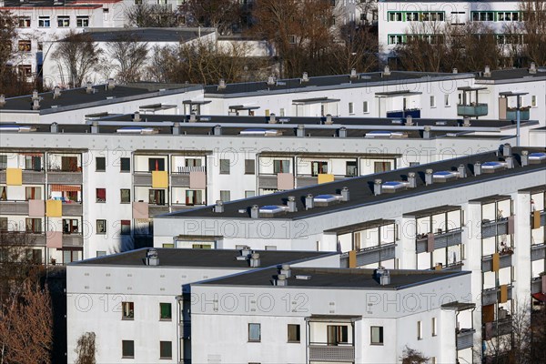 View of high-rise buildings and apartment blocks with rental flats and condominiums in the Berlin district of Marzahn-Hellersdorf