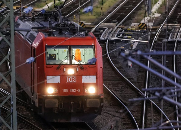 DB Cargo class 185 locomotive in the DB Cargo marshalling yard in Halle