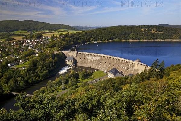 Elevated view of the Eder dam with the dam wall