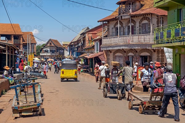 Street scene showing French colonial houses in the old town centre of the city Ambalavao