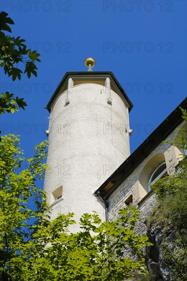 Lookout tower at the end of the 19th century at Teck Castle with the Schwaebischer Albverein hiking centre