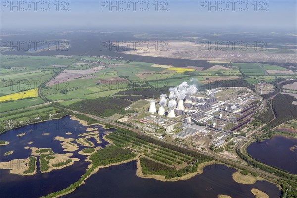 Jaenschwalde power station with lignite mining and lake landscape