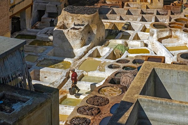 Sidi Moussa Tannery with round stone vessels filled with dye and softening liquids in medina Fes el-Bali of the city Fes