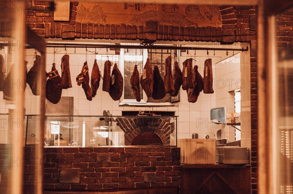 Butcher shop in Italy. Parma ham. Tourism and travel concept.