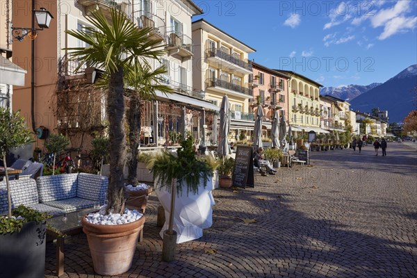 Palm trees in clay pots and outdoor catering and restaurant areas on the Piazza Giuseppe Motta promenade in Ascona