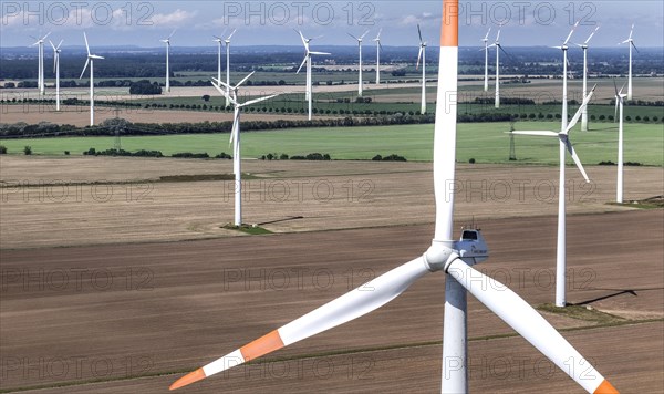 Aerial view of windmills in a wind farm