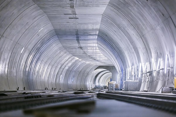 Construction site in the tunnel at the new through station in Stuttgart. A total of 56 kilometres of tunnels have been dug for Deutsche Bahn AG's Stuttgart 21 project and tunnelling has been completed. The tunnels will go online when the new main railway station opens in 2025