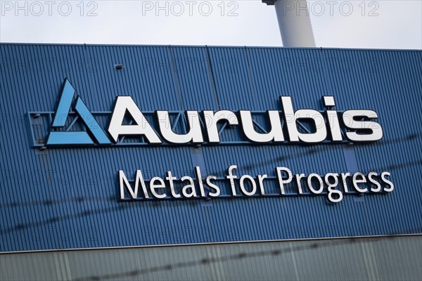 Logo and lettering Aurubis Metal for Progress on a factory building at the Aurubis AG plant