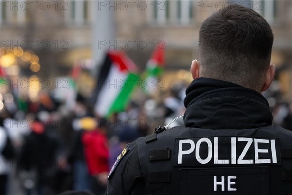 Hundreds of people take part in a pro-Palestine demonstration in Frankfurt am Main on 23 December 2023. The demonstration is accompanied by a massive police presence. Since a terrorist attack by Hamas on Israel on 7 October 2023 and Israel's subsequent intervention in the Gaza Strip