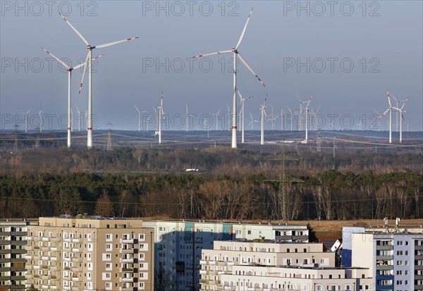 View of a wind turbine for power generation in Brandenburg