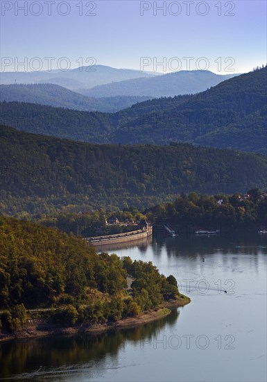 Elevated view of the Edertalsperre dam with the dam wall and a wide view of the Kellerwald-Edersee National Park