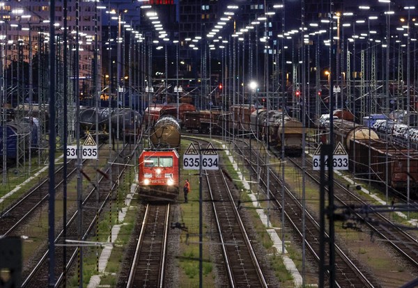 DB Cargo class 185 locomotive in the DB Cargo marshalling yard in Halle