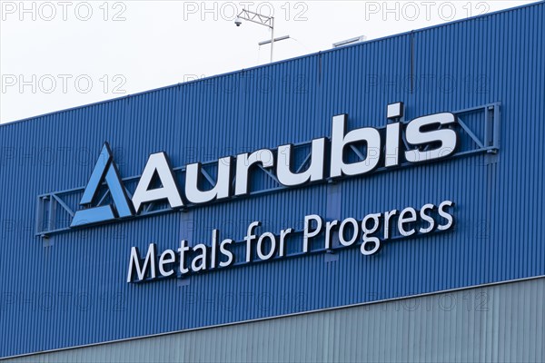 Logo and lettering Aurubis Metal for Progress on a factory building at the Aurubis AG plant