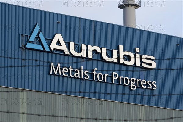 Logo and lettering Aurubis Metal for Progress on a factory building at the Aurubis AG plant