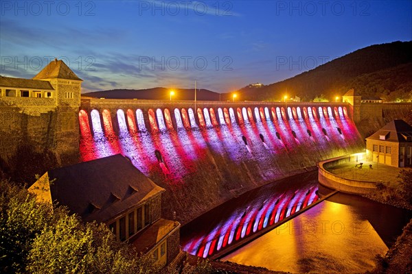 The Edersee dam wall illuminated by LED spotlights holds the German record as the longest permanently illuminated object