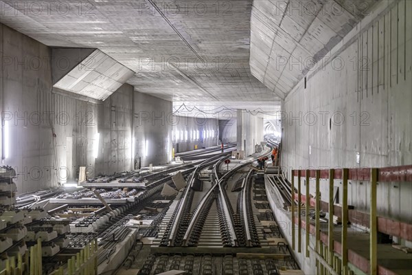 Construction site in the tunnel at the new through station in Stuttgart. A total of 56 kilometres of tunnels have been dug for Deutsche Bahn AG's Stuttgart 21 project and tunnelling has been completed. The tunnels will go online when the new main railway station opens in 2025