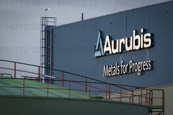 Logo and lettering Aurubis Metal for Progress on a factory building at the Aurubis AG plant