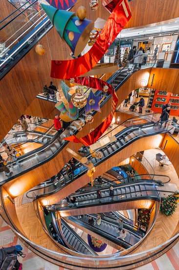 Interior view of a modern department stores' with Christmas decorations
