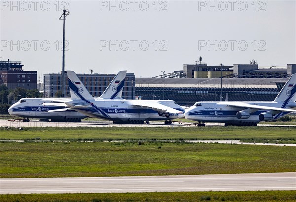 Three confiscated Antonov AN 124 cargo aircraft from the Russian Volga-Dnepr Group are parked at Leipzig-Halle Airport. Due to the flight ban with which the EU has sanctioned Russia