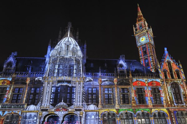 Monumental light projections on facade of Post Plaza by the French artist group Spectaculaires during the 2011 light festival of Ghent