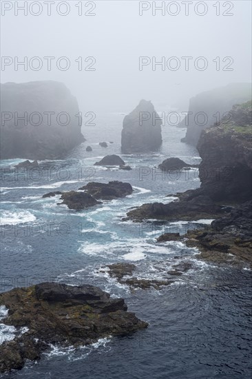 Sea stacks and sea cliffs in mist during stormy weather at Eshaness