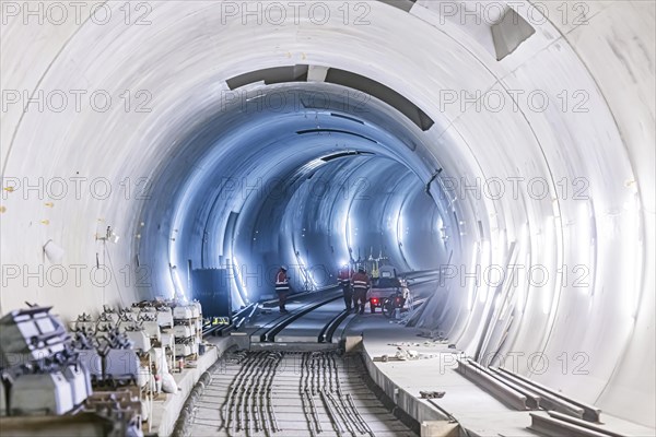 Construction site in the tunnel at the new through station in Stuttgart. A total of 56 kilometres of tunnels have been dug for Deutsche Bahn AG's Stuttgart 21 project and tunnelling has been completed. The tunnels will go online when the new main railway station opens in 2025