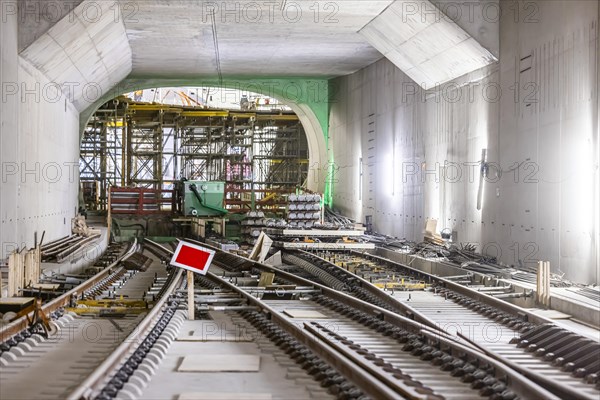Construction site in the tunnel at the new through station in Stuttgart. A total of 56 kilometres of tunnels have been dug for Deutsche Bahn AG's Stuttgart 21 project and tunnelling has been completed. The tunnels will go online when the new main railway station opens in 2025
